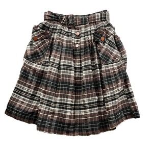 Bettie‎ Page Brown XL Belted Plaid Skirt Pleated Flannel Cotton Blend Lined